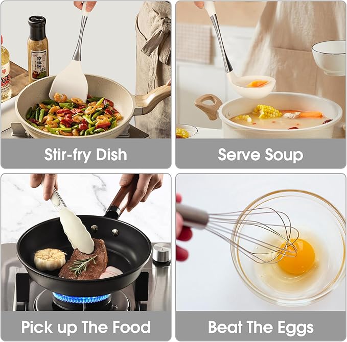 Premium White Silicone Cooking Utensils Set-Non-Toxic Heat Resistant BPA Free Kitchen Utensils Set with Spatula Spoon Whisk &amp Tongs-Non-Stick&amp Dishwasher Safe for Nonstick Cookware
