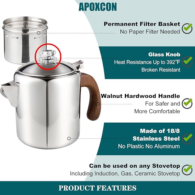 Coffee Percolator Stainless Steel Coffee Maker with Fireproof Solid Wood Handle &amp Tough Glass Clear Brew Progress Knob Camping Coffee Pot Using on any Stovetop NO Aluminum NO Plastic (6 Cup)