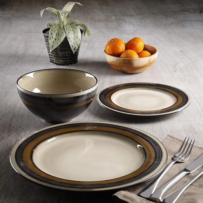 12-Piece Stoneware Dinnerware Set in Brown Modern Glazed Dishware Collection for Everyday Dining