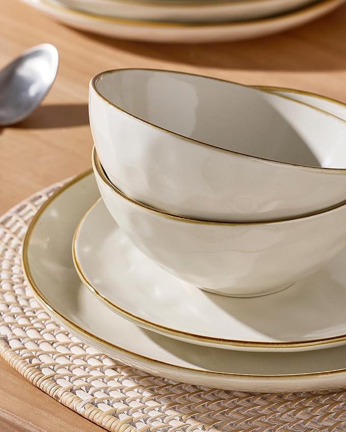 Famiware Dinnerware Sets for 8 Ocean Round 24-Piece Kitchen Plates and Bowls Sets Microwave and Dishwasher Safe Scratch Resistant Vanilla White