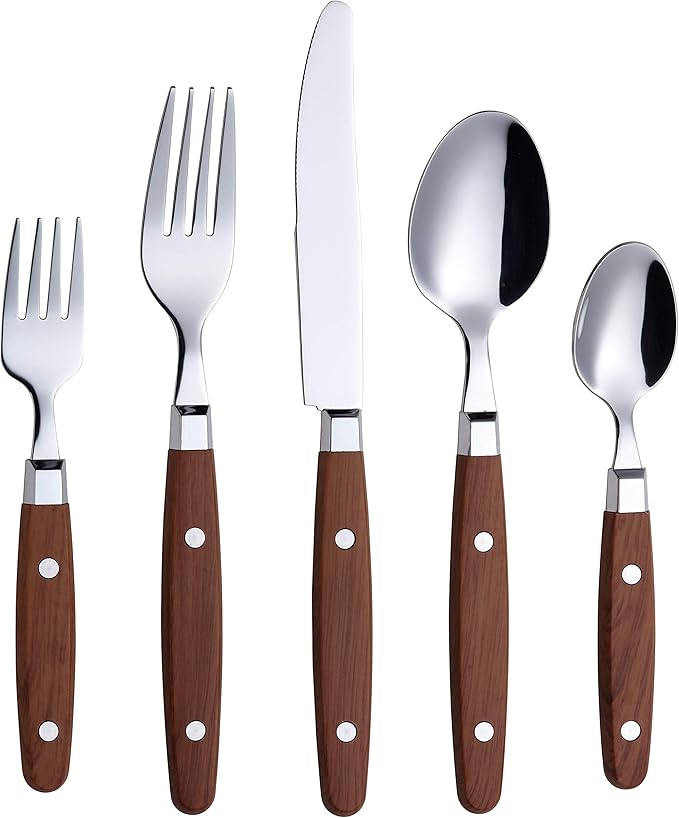 ANNOVA Silverware Set Retro/Rivet Colorful Stainless Steel Tableware Kitchen Flatware Set Utensils Includes Dinner Knives Forks Spoons Salad Forks &amp Dessert Spoons (Wood 20 Pieces)