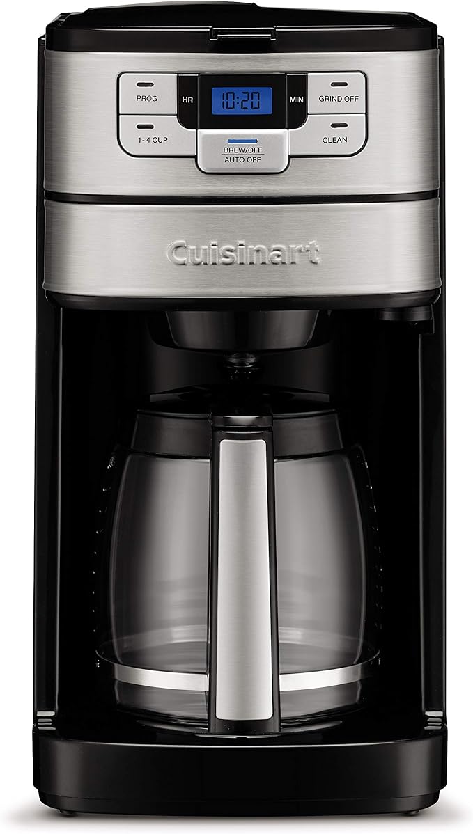 Cuisinart Automatic Grind &amp Brew 12-Cup Coffee Maker with Blade Grinder Programmable Coffee Machine Glass Carafe with 1-4 Cup Setting Brew Pause Grind-Off Option DGB-400NAS Black/Stainless St
