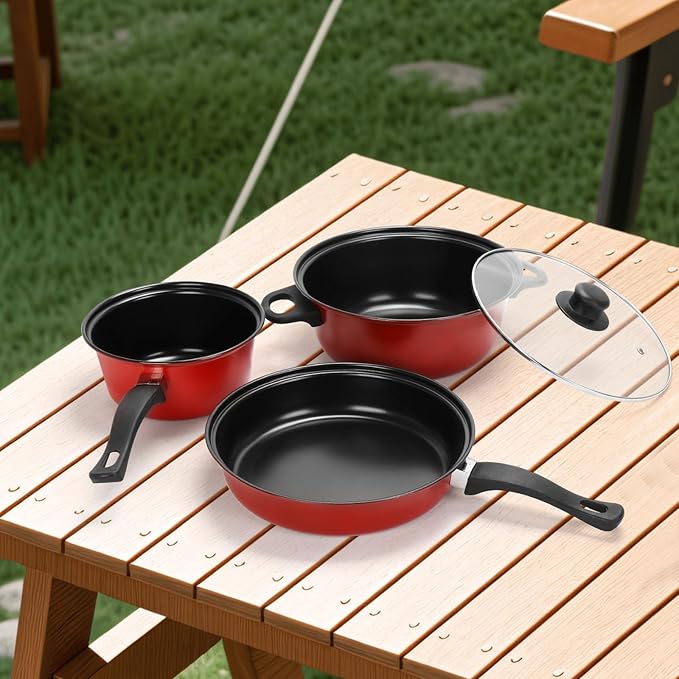 Non-Stick Cookware Set 4 Piece Set Portable Lightweight Cast Iron Pots and Pans with Glass Lids and Nylon Utensils for Outdoor Travel Camping Picnic