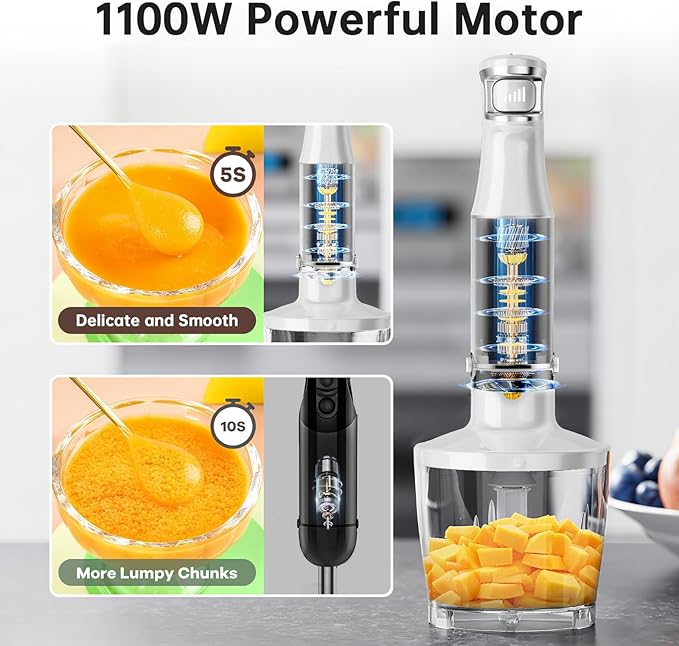 Immersion Blender Handheld Corded Hand Blenders Set 1100W Trigger Variable Speed 5 in 1 Stick Emulsifier with Chopper Whisk and Frother for Soup Baby Food and Smoothies White