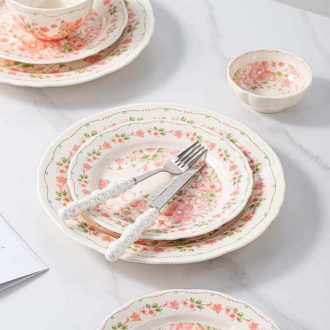 8 Piece Dinnerware Sets for 2 Scratch Resistantmicrowave oven and Dishwasher Safe Plates and Bowls Sets Ceramic Dish Set Bowl and Plate Set -Pink peach blossom pattern