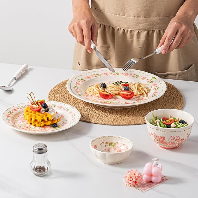16 Piece Dinnerware Sets for 4 Scratch Resistantmicrowave oven and Dishwasher Safe Plates and Bowls Sets Ceramic Dish Set Bowl and Plate Set -Pink peach blossom pattern