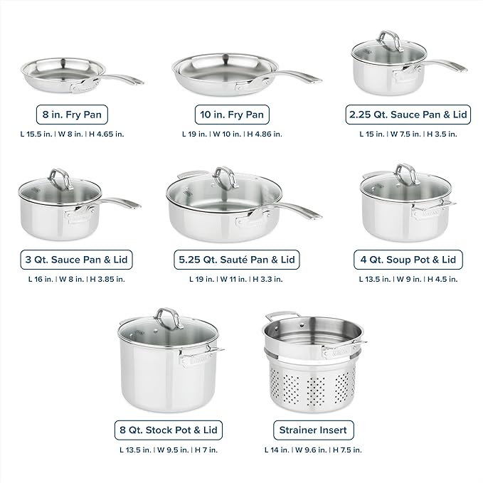 Viking 3-Ply Pots and Pans Set 13 Piece Stainless Steel Cookware Glass Lids Strainer Silver