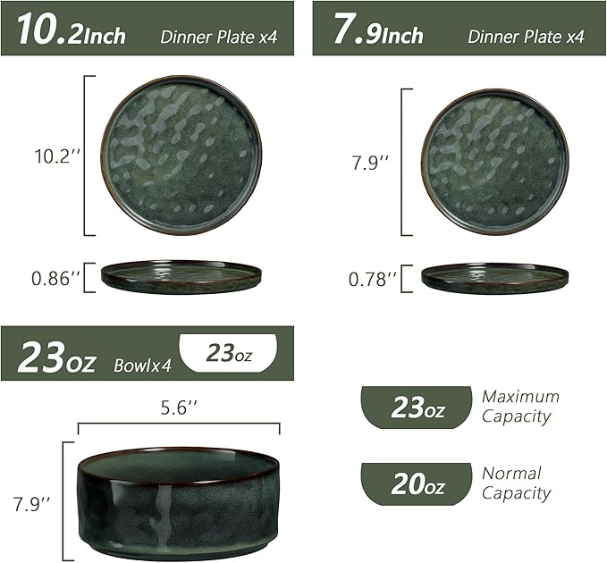 Vesteel Dinnerware Sets 12-Piece Stoneware Plates and Bowls Set Dishes Set for 4 Elegant Ceramic Dinnerware for Home Restaurant - Sage Green