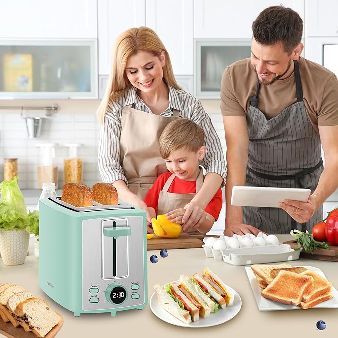 SEEDEEM Toaster 2 Slice Bread Toaster with LCD Display 7 Shade Settings 1.４'' Variable Extra Wide Slots Toaster with Cancel Bagel Defrost Reheat Functions Removable Crumb Tray 900W Azure Blue