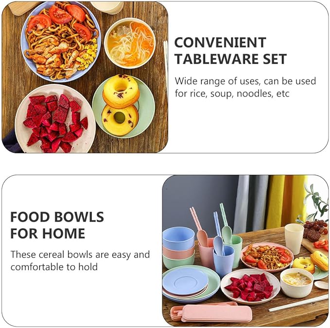 VALICLUD Portable Wheat Fiber Dinnerware Set 28pcs Including 7pcs Classic Nordic Pink Blue Green Beige Sets round Bowls Plates and Cups for Camping and Home Use