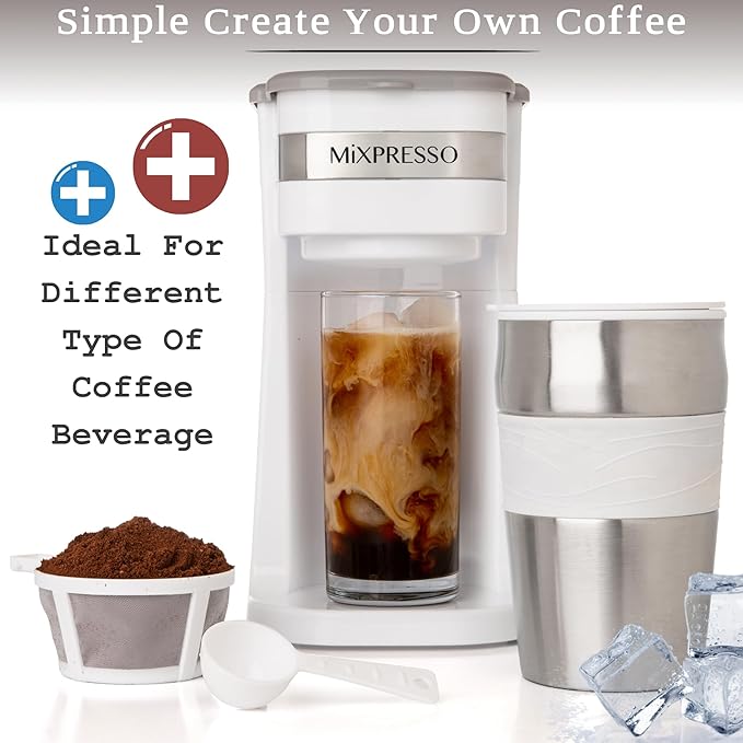 Mixpresso White Personal Single Serve Coffee Maker with 14oz Travel Mug Drip Small Coffee Maker with Auto Shut Off Reusable Filter Works with Ground Coffee Only – Not for K-Cup Pods