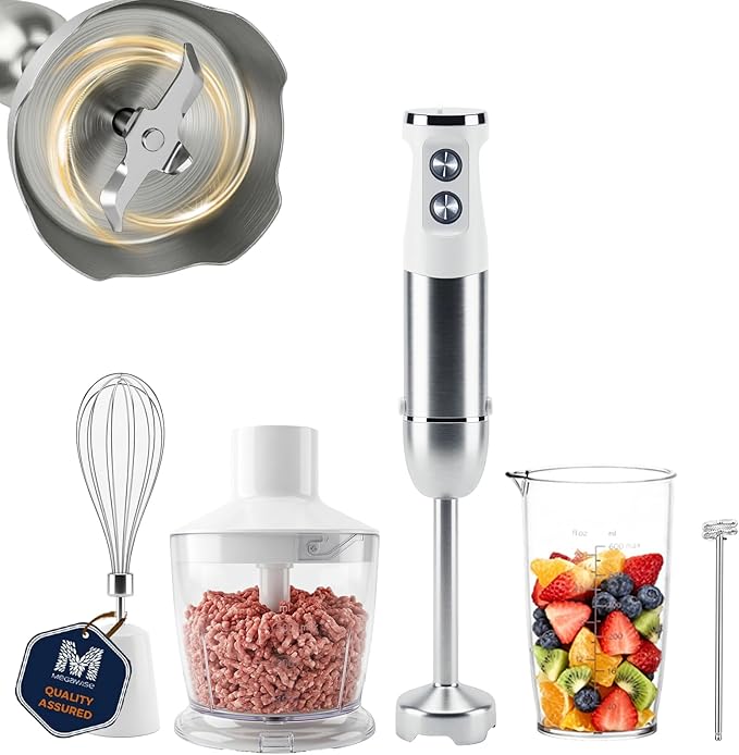 Megawise HB-2043 1000W 5-in-1 Immersion Hand Blender Powerful Stick Blender with Variable Speed &amp Turbo Stainless Steel Blades Includes Whisk Milk Frother Chopper &amp Beaker(White)