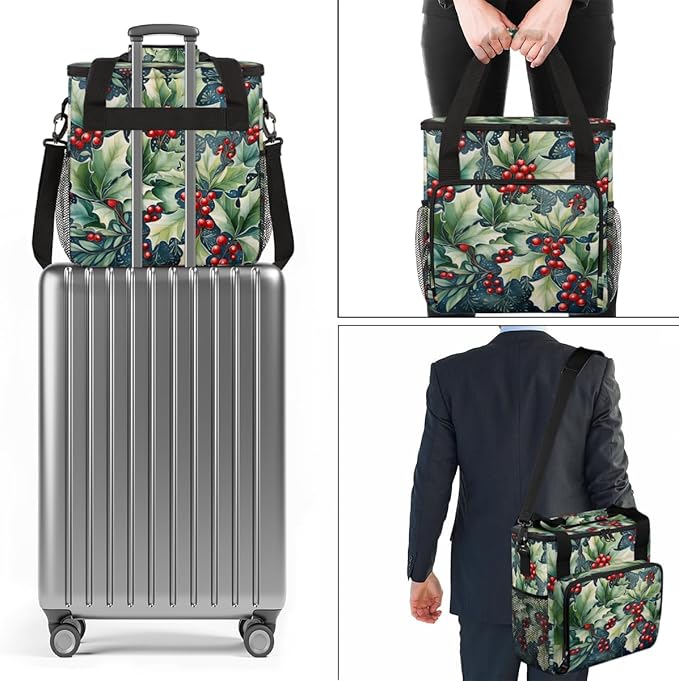 Holly Leaves Coffee Maker Carrying Bag Christmas Holly Travel Storage Bag Compatible with K-Mini or K-Mini Plus Single Serve Coffee Brewer Carrying Case with Multiple Pockets &amp Shoulder Strap