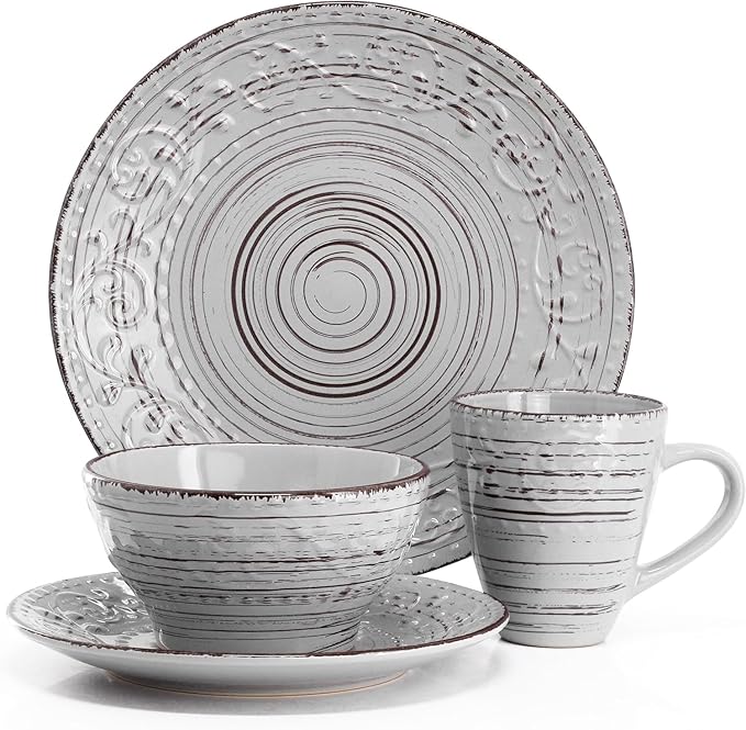 16-Piece Stoneware Dinnerware Set – Ocean Bloom Sea Glass Mica Calcite Jasper &amp Deep Ocean – Microwave Safe Dishwasher Safe Service for 4 with Reactive Glaze Finish (Light Gray)