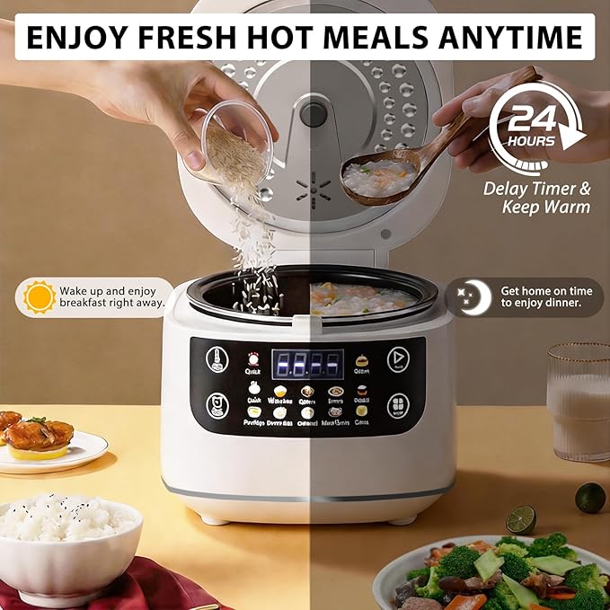 Portable Digital Rice Cooker 6-Cup (Uncooked)/12-Cup (Cooked) Small Rice Maker with Steaming Basket Mini Rice Cooker with 2L Removable Nonstick Inner Pot 10 Menu Options Auto Keep Warm 24 Hour De