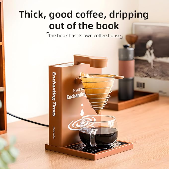 ZJchao Automatic Manual Drip Coffee Maker 300ml Detachable Water Tank Book Shaped Pour Over Coffee Machine with Paper Filter Brush Spoon for Home Office Travel Coffee (US Plug)