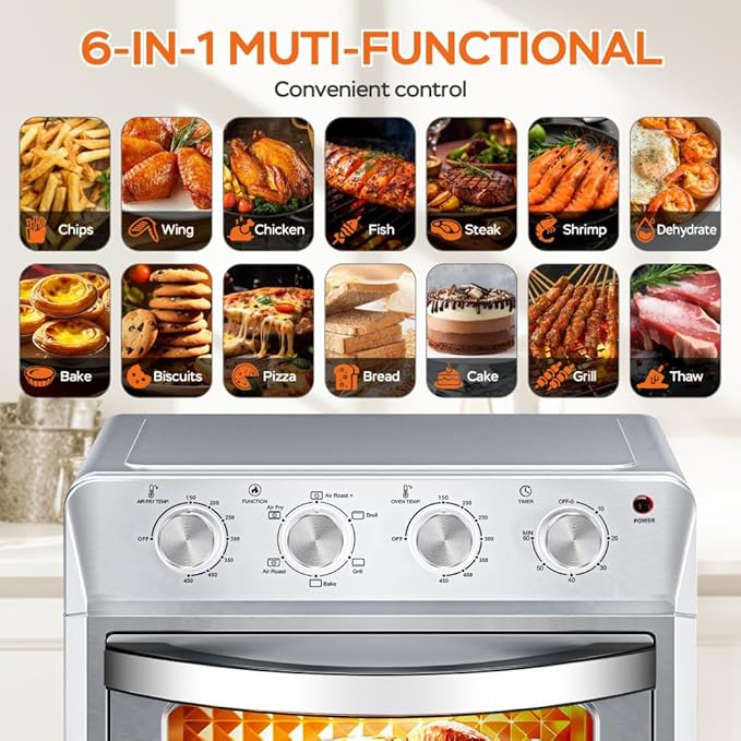 Air Fryer Oven 27.5QT 6-in-1 Countertop Oven Air Fry Bake Broil Toast Warm Dehydrate 4 Knob Control 1600W Family Size Silver