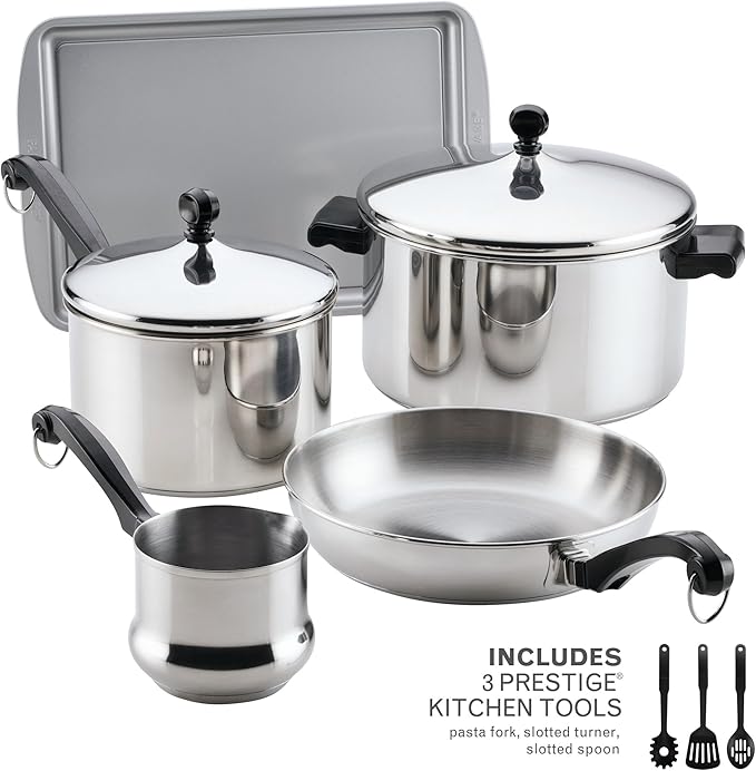 Farberware Classic Series Stainless Steel Pots and Pans with Baking Sheet Pan Cooking Tools and Lids Induction Ready Dishwasher Safe 10 Piece Cookware Set Metal Utensil Safe - Stainless Steel