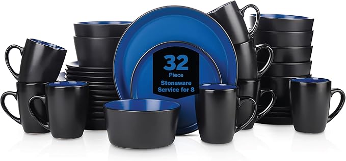 Stone Lain Albie Stoneware 32-Piece Modern Dinnerware Set Kitchen Plates and Bowls Sets Service for 8 Blue and Black Microwave &amp Dishwasher Safe