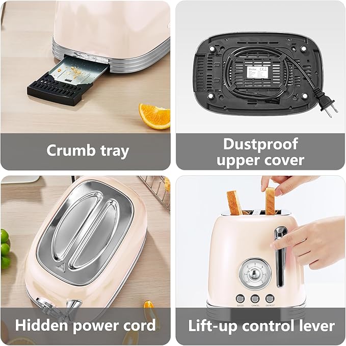 Beige Cute Retro Toaster 2 Slice with 1.58 Wide Slots Bread toaster with Cover and Warm Rack Stainless Steel Toasters with Removable Crumb Tray Preheat Defrost Cancel Function (Cream)