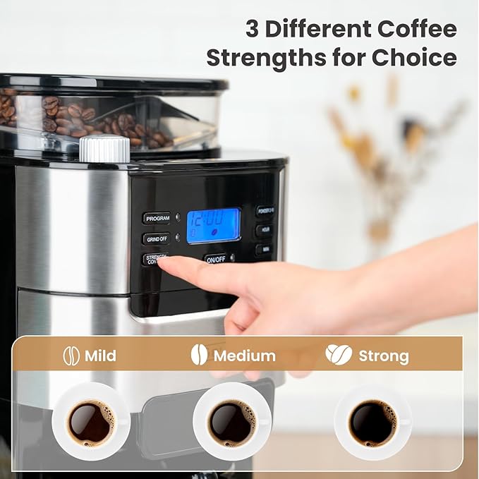 Gevi 10-Cup Drip Coffee Maker with Built-in Grinder Programmable Brew Coffee Machine with Timer Reusable Filter 1.5L Water Tank Coffee Pot Warming Plate Burr Grinder Combo