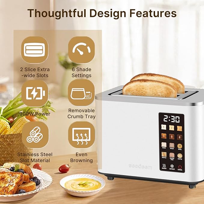 2-Slice Toaster with Touch Control 6 Shade Settings &amp 6 Bread Type 900W Removable Crumb Tray Countdown Display Smart Stainless Steel Design White