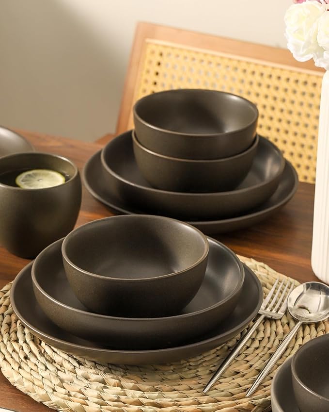 Dinnerware Sets Stoneware Plates and Bowls Sets Farmhouse 16 Piece Dish Set for 4 Ceramic Plates Set with Mugs for Kitchen Scratch Resistant Dishwasher &amp Microwave Safe Matte Black
