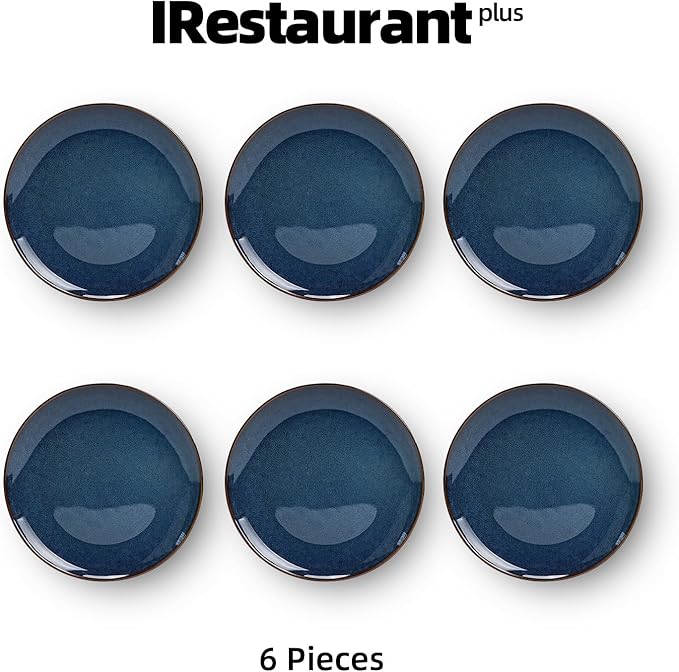 Organic Shape Highland Ceramic Dinner Plates 6pcs 11.65 Inch Handmade Reactive Glaze Dinnerware Sets with Wavy Edge for Kitchen Microwave &amp Dishwasher Safe Scratch Resistant-Blue