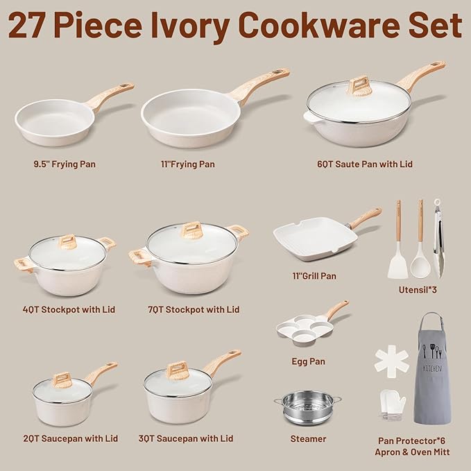 AOSION 27PCS Pots and Pans Set Nonstick Ceramic Cookware Set Healthy Kitchen Cooking Set with Gloves Apron Silicone Tools &amp Pot Protectors Oven &amp Dishwasher Safe PFOA/PFOS FreeIvory