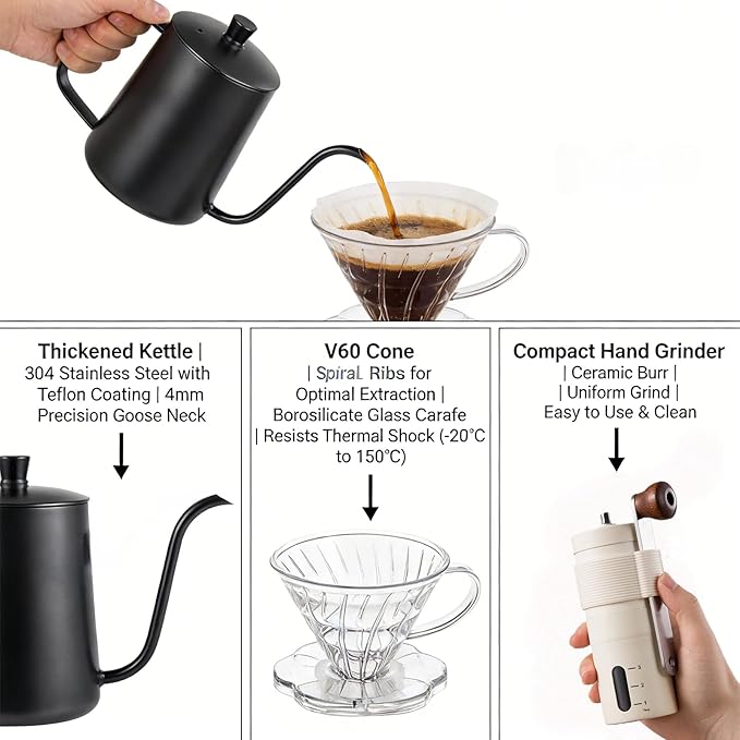 Single Serve Manual Pour Over Coffee Maker Kit - Portable V60 Drip Cone Gooseneck Kettle Glass Carafe &amp Grinder for Travel Camping Home &amp Specialty Brewing (White)