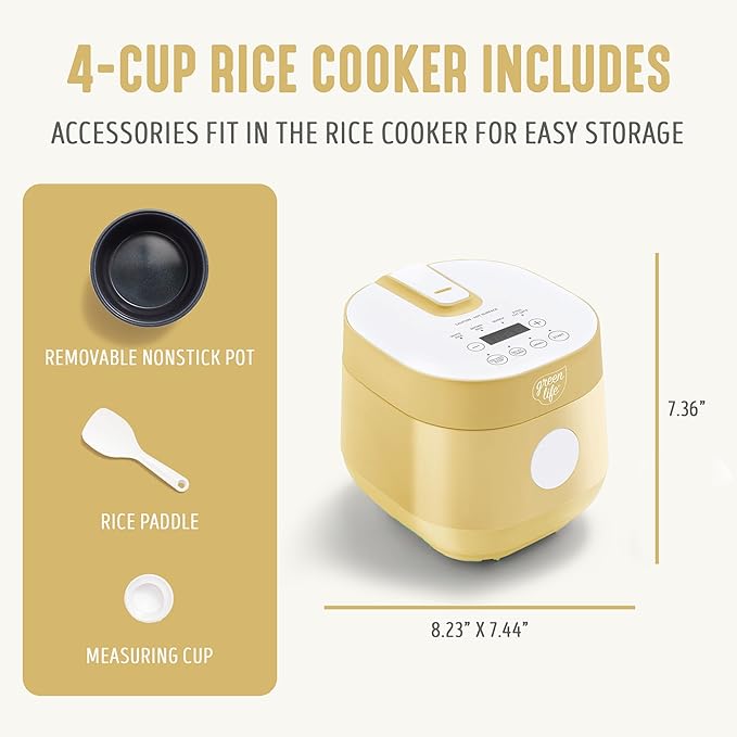 GreenLife Digital Rice Cooker 2-Cups Uncooked/4-Cups Cooked Removable Nonstick Ceramic PFAS-Free Pot One-Touch Presets Oats Quinoa Brown Rice Auto Keep Warm Fuzzy Logic Tech 1.5QT Butter Yel