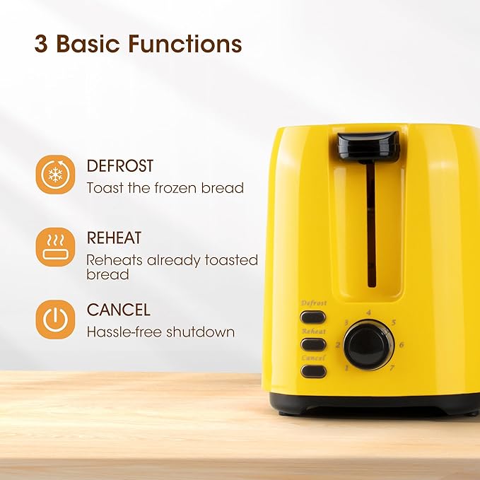 iSiLER 2 Slice Toaster 1.3 Inches Wide Slot for Bagels and Special Breads 7 Browning Settings and Double Side Baking Removable Crumb Tray Defrost Reheat Cancel Function Yellow