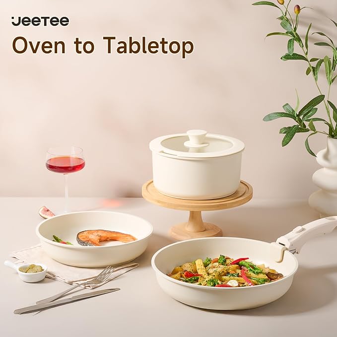 JEETEE Pots and Pans Set Non Stick 19pcs Kitchen Cookware Sets with Detachable Handle Induction Nonstick Cookware Set with Removable Handle Stackable RV Cookware Oven Safe PFAS/PFOA Free Beige