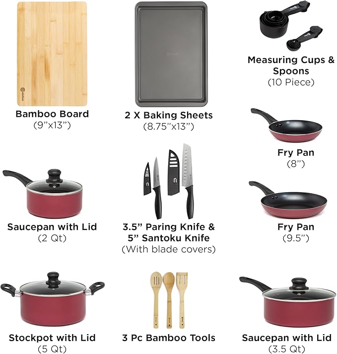 Ecolution Easy Clean Ceramic Nonstick Cookware Set Dishwasher Safe Kitchen Pots and Pans Set Comfort Grip Handle Even Heating Ultimate Food Release 26-Piece Red