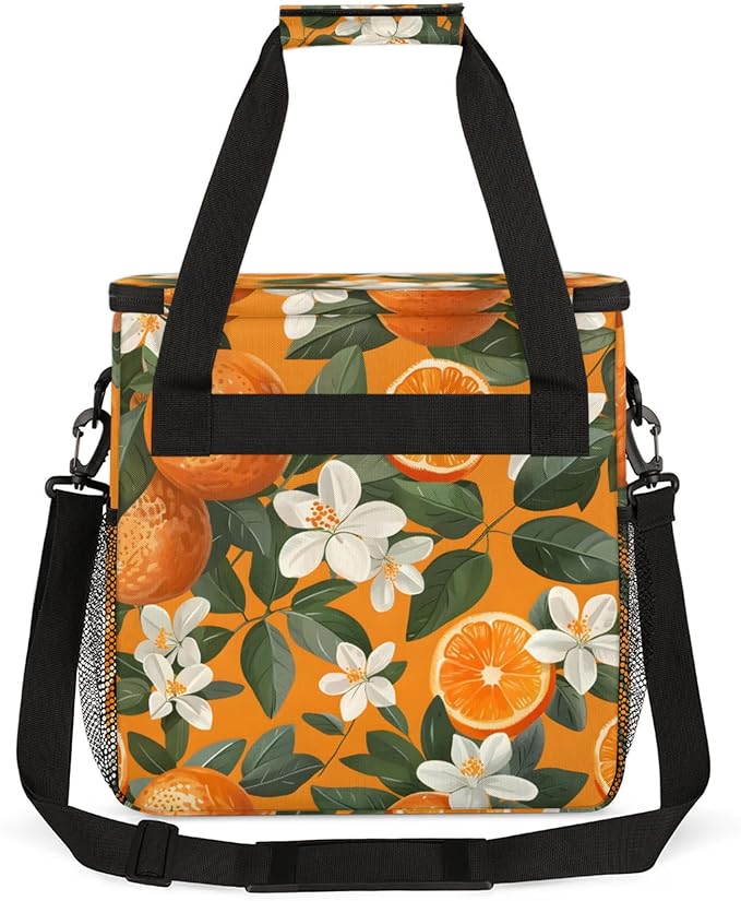 Flower Orange Print Coffee Maker Travel Bag for Keurig K-Mini/K-Mini Plus Insulated Waterproof Tote with Pockets for K-Cup Portable Single-Serve Brewer Case