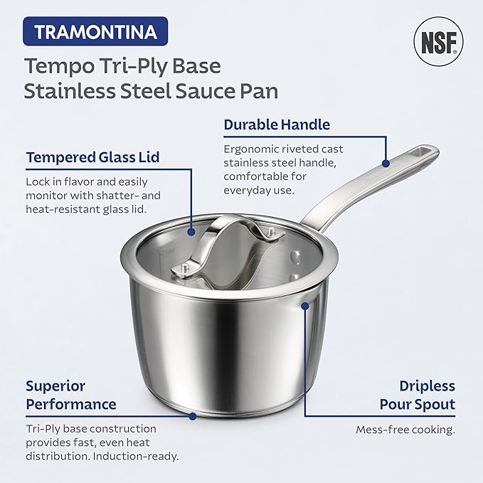 Tramontina Tempo Tri-Ply Base Stainless Steel 2-Quart Small Sauce Pan with Glass Lid Induction-Ready Saucepan Oven-Safe Dishwasher-Safe