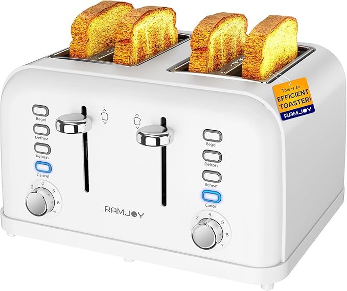 White Toaster 4 Slice Dual Independent Controls Extra Wide Slot Toasters for Bagel Bread Waffles 7 Shade Settings 4 Main Functions Removable Crumb Tray 1500 Watts White Stainless Steel