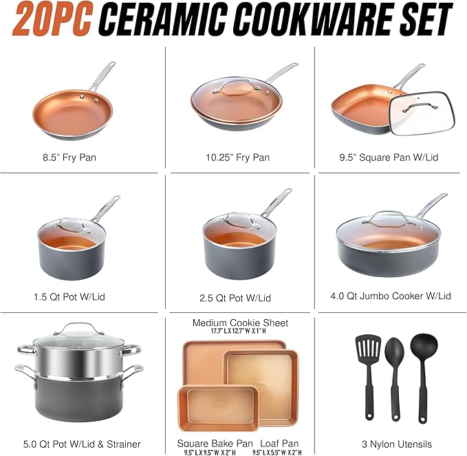 GOTHAM STEEL 20 Pc Ceramic Cookware Set Copper Pots and Pans Set Non Stick with Bakeware Cooking Utensils and Steamer Oven and Dishwasher Safe