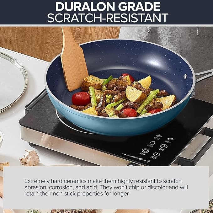 Nuwave 7pc Cookware Set Healthy Duralon Blue Ceramic Nonstick Coated Diamond Infused Scratch-Resistant PFAS Free Oven Safe Induction Ready &amp Evenly Heats Tempered Glass Lids &amp Stay-Cool H