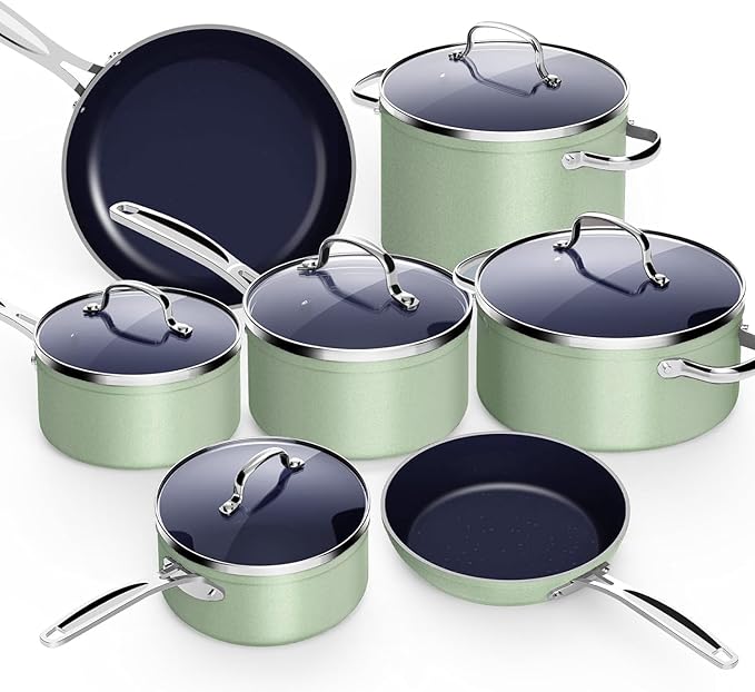 Nuwave 12pc Forged Lightweight Cookware Set G10 Healthy Duralon Ceramic Ultra Non-Stick Coating Vented Tempered Glass Lids Stay-Cool Handles Induction-Ready &amp Works on All Cooktops PFAS Free