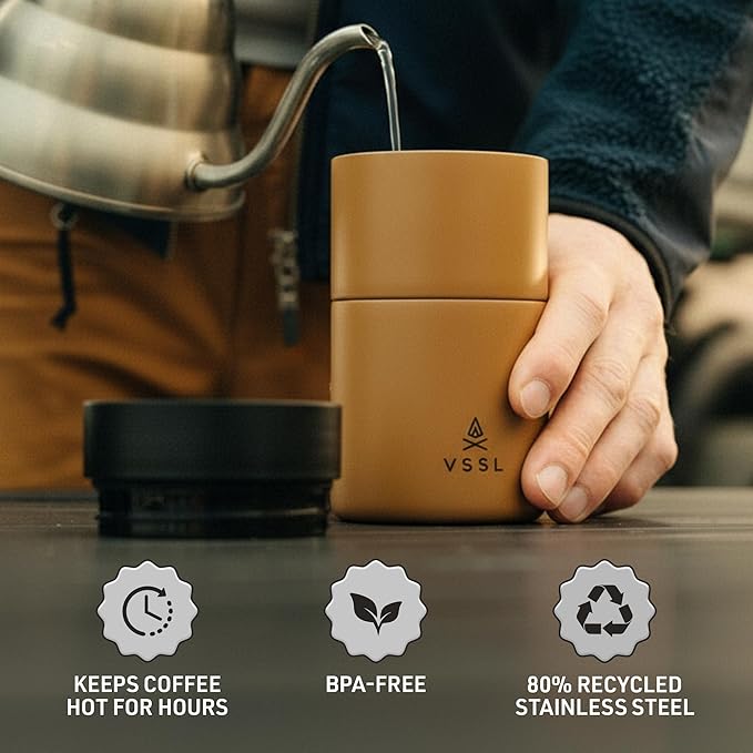 VSSL - Nest Pour Over Coffee Set | Coffee Maker for Camping | All-In-One Travel Pour Over | Transportable Dripper 10oz Stainless Steel Travel Mug | Compact Storage &amp Adventure Ready | Sahara