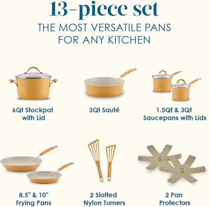Rachael Ray Cucina Ceramic Cookware Set - 13 Pieces - Ceramic Pots and Pans Set w/Nonstick Frying Pans Saute Pan Saucepans Stockpot Lids Pan Protectors &amp Cooking Utensils - Turmeric