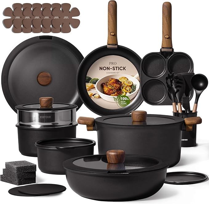 CAROTE 33pcs Pots and Pans Non Stick Cookware Sets Detachable Handle Induction Kitchen Pots and PansNonStick Cooking Set Oven/Dishwasher/Fridge Safe Space Saving