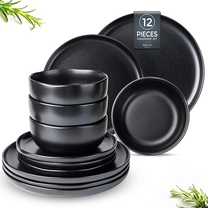 AmorArc Ceramic Dinnerware Sets Wavy Rim Stoneware Plates and Bowls SetsDishwasher &amp Microwave &amp Oven Safe Dishes set Service for 4 (12pc)-Matte Black