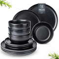 AmorArc Ceramic Dinnerware Sets Wavy Rim Stoneware Plates and Bowls SetsDishwasher &amp Microwave &amp Oven Safe Dishes set Service for 4 (12pc)-Matte Black