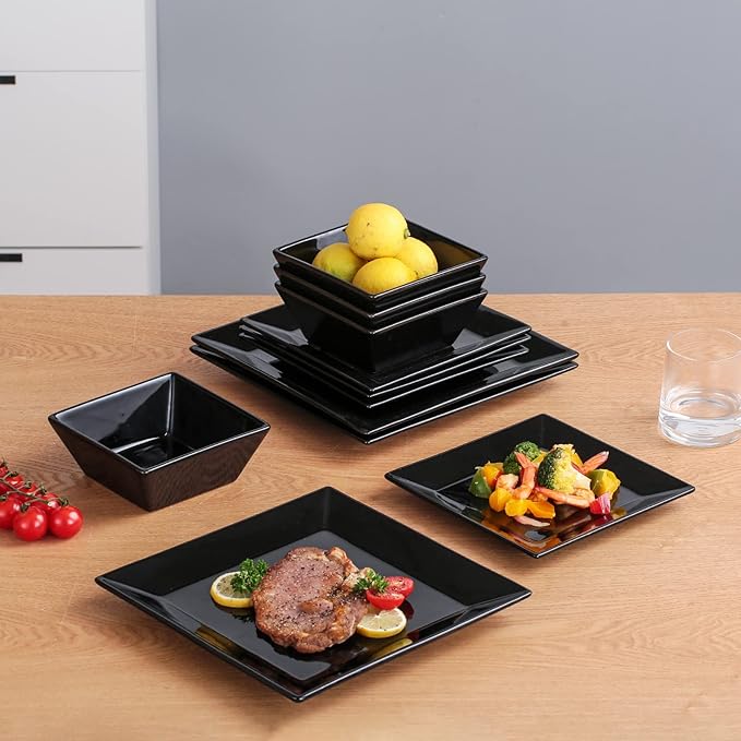 DOMINI 12-Piece Square Dinnerware Set Service for 4 Porcelain Dishes Dinner Square-Black