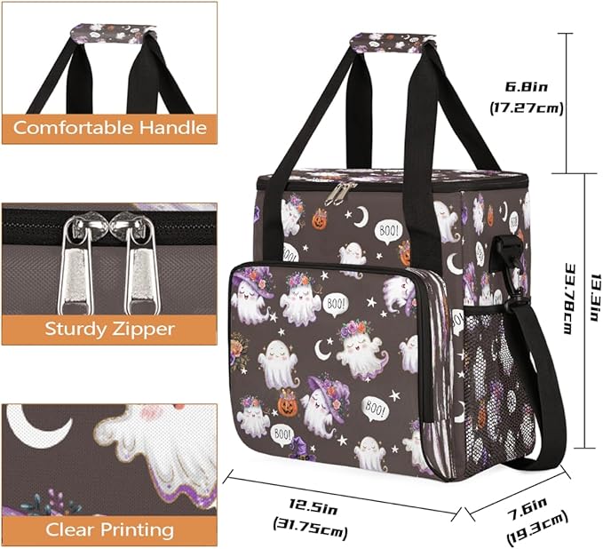 Halloween Flower White Ghost Coffee Maker Carring Bag Travel Carrying Storage Tote Bag Compatible with Keurig K-Mini or K-Mini Plus Portable Single Serve Coffee Brewer Case with Pockets