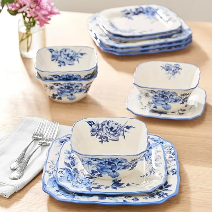 Delilah 12-Piece Blue Floral Stoneware Dinnerware Set