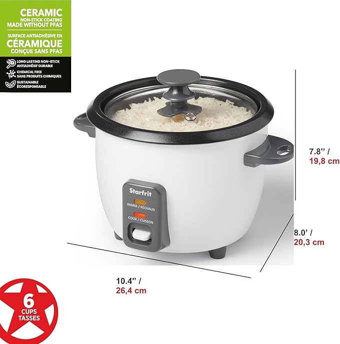 Starfrit Electric Rice Cooker - 6 Cups - Steamer Basket Measuring Cup &amp Service Spoon - 300W - Makes Perfect Rice!