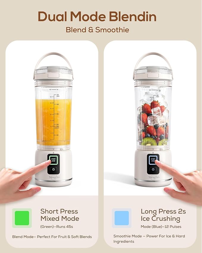 Sangcon Personal Portable Blender for Shakes &amp Smoothies 6000mAh Cordless USB-C Rechargeable Blender with 2 Blend Modes Leakproof Travel Lid Dishwasher Safe Ideal for Gym Office Kitchen BPA-F